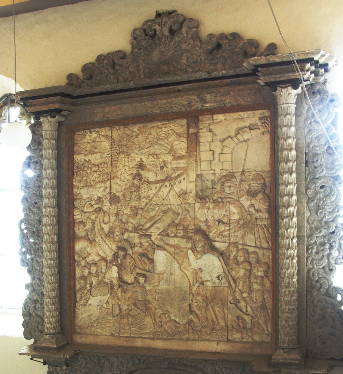 Barockes Relief mit Kampfszene aus dem Bauernkrieg, Schloss Seeburg