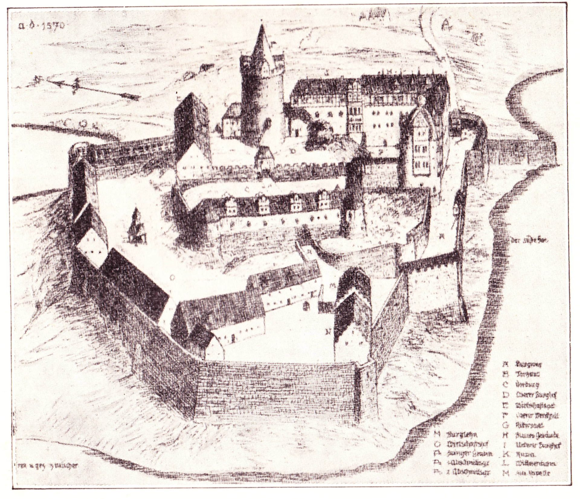 Historische Zeichnung der Seeburg, datiert auf das Jahr 1570